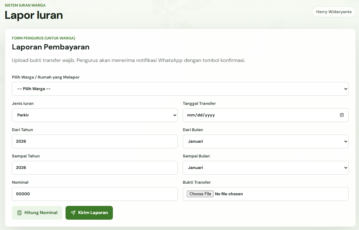 Tampilan Form Lapor Iuran